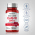 CoQ10 bottle with icons indicating Gluten & Wheat Free, Milk & Lactose Free, Non GMO, No Artificial Flavors/Sweeteners/Preservatives.