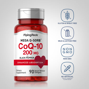 CoQ10 bottle with icons indicating Gluten & Wheat Free, Milk & Lactose Free, Non GMO, No Artificial Flavors/Sweeteners/Preservatives.