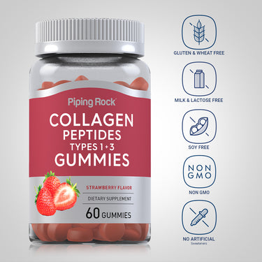 Collagen bottle with icons indicating Gluten & Wheat Free, Milk & Lactose Free, Soy Free, Non-GMO, No Artificial Sweeteners.