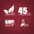 Infographic highlighting premium ingredients, 45 years of manufacturing, GMP quality, and lab-tested products.