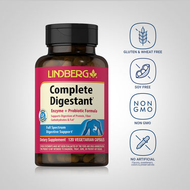 Complete Digestant bottle with icons indicating Gluten & Wheat Free, Soy Free, Non GMO, No Artificial Flavors/Sweeteners/Colors/Preservatives.