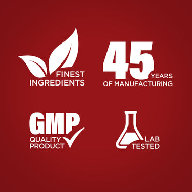 Infographic stating finest ingredients, 45 years of manufacturing, GMP quality product, lab tested.