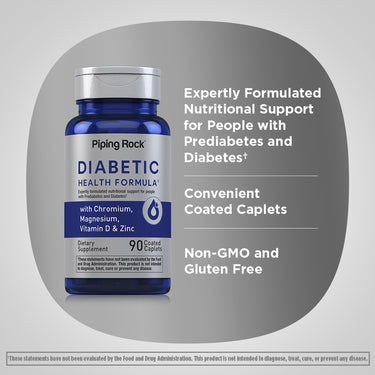 Product highlights graphic stating Nutritional Support for People with Prediabetes and Diabetes†, Convenient Coated Caplets, Non-GMO, Gluten-Free.