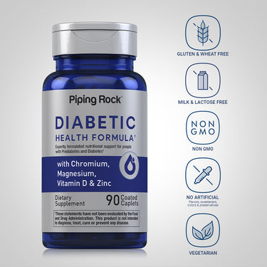 Diabetic Formula bottle with icons indicating gluten, wheat, milk, lactose free, NON GMO, no artificial flavors, vegetarian.