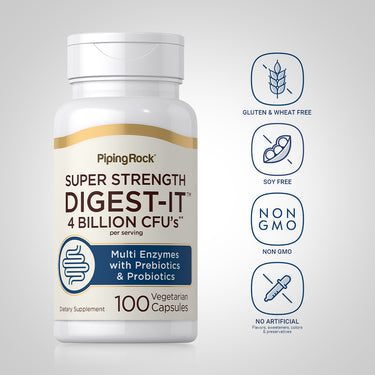 Digest-It bottle with icons indicating gluten & wheat free, soy free, non-GMO, no artificial flavors, sweeteners, or colors.
