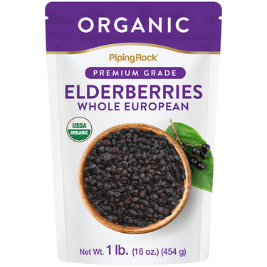 Organic Elderberries in a pouch with USDA Organic seal. Premium Grade. Net weight: 1 lb (16 oz/454 g).
