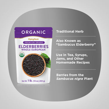 Product highlights graphic stating Traditional Herb, Also Known as 'Sambucus Elderberry', Use in Tea, Syrups, Jams, and Other Homemade Recipes, Berries from the Sambucus nigra Plant