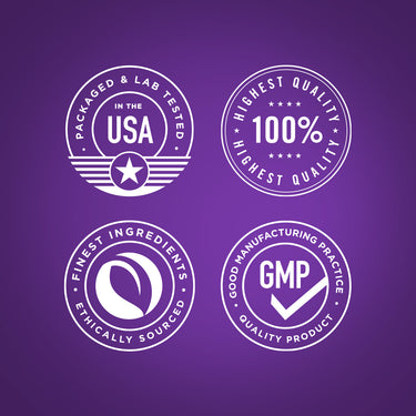 Infographic showing: Packaged & lab tested in USA, 100% highest quality, finest ingredients ethically sourced, GMP quality product.
