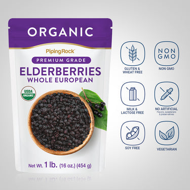 Elderberries pouch with icons indicating Gluten & Wheat Free, Non GMO, Milk & Lactose Free, No Artificial Flavors, Soy Free, Vegetarian.