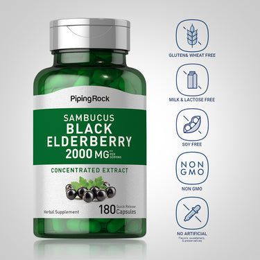 Elderberry bottle with icons indicating Gluten & Wheat Free, Milk & Lactose Free, Soy Free, Non-GMO, No Artificial Additives.