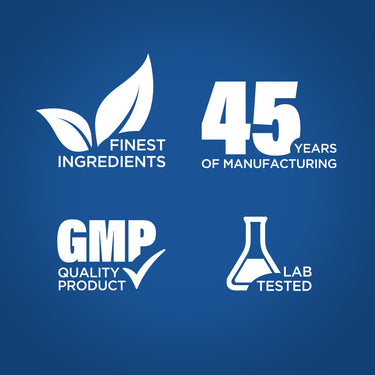 Infographic highlighting finest ingredients, 45 years of manufacturing expertise, GMP quality assurance, and lab-tested standards.