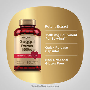 Product highlights graphic stating Potent Extract, 1500 mg Equivalent Per Serving, Quick Release Capsules, Non-GMO, Gluten Free.