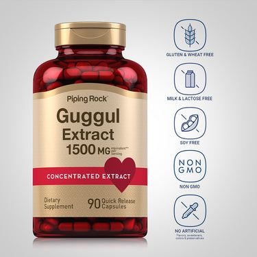 Guggul Extract bottle with icons indicating Gluten & Wheat Free, Milk & Lactose Free, Soy Free, Non-GMO, No Artificial Additives.