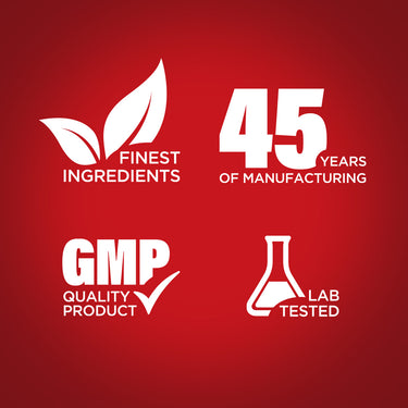 Infographic highlighting finest ingredients, 45 years of manufacturing, GMP quality products, and lab-tested assurance.
