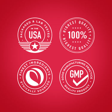 Infographic highlighting: Packaged and lab tested in USA, highest quality 100%, finest ingredients ethically sourced, GMP certified.