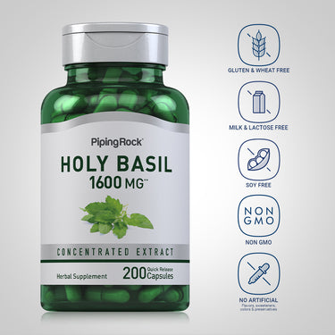 Holy Basil bottle with icons indicating: Gluten & Wheat Free, Milk & Lactose Free, Soy Free, Non GMO, No Artificial Flavors/Colors/Preservatives.