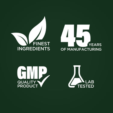 Infographic showcasing top ingredients, 45 years of manufacturing excellence, GMP quality, and lab-tested products.