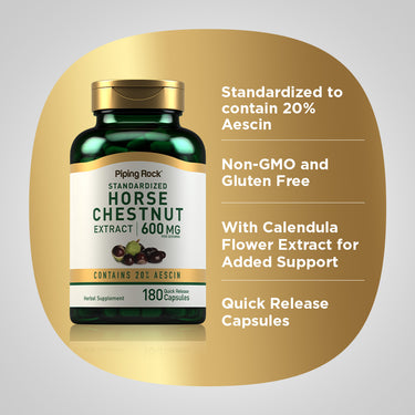 Product highlights graphic stating Standardized to 20% Aescin, Non-GMO, Gluten Free, With Calendula Flower Extract, Quick Release Capsules.