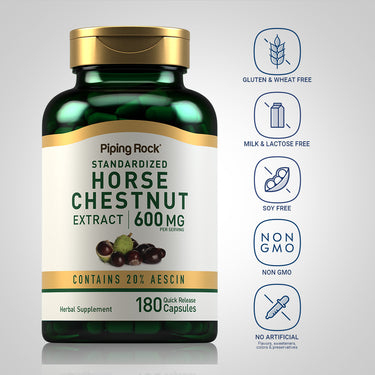 Horse Chestnut bottle with icons indicating Gluten & Wheat Free, Milk & Lactose Free, Soy Free, Non-GMO, No Artificial Flavors.