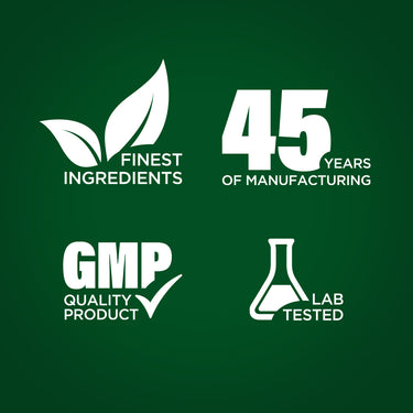 Infographic highlighting finest ingredients, 45 years of manufacturing, GMP quality, and lab-tested products.