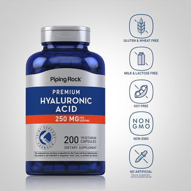 Hyaluronic Acid bottle with icons indicating Gluten & Wheat Free, Milk & Lactose Free, Soy Free, Non-GMO, No Artificial Flavors/Sweeteners/Colors/Preservatives.