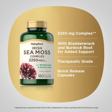 Product highlights graphic stating 2250 mg Complex**, with Bladderwrack and Burdock Root, Therapeutic Grade, Quick Release Capsules.