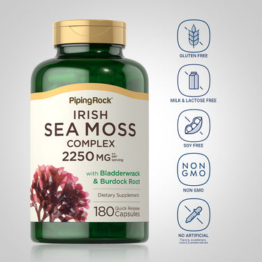 Irish Sea Moss bottle with icons indicating Gluten Free, Milk & Lactose Free, Soy Free, Non GMO, No Artificial Additives.