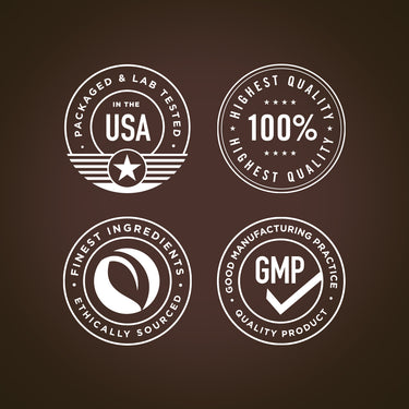 Infographic showing 'Packaged & Lab Tested USA, Highest Quality 100%, Finest Ingredients, Ethically Sourced, GMP, Quality Product'.