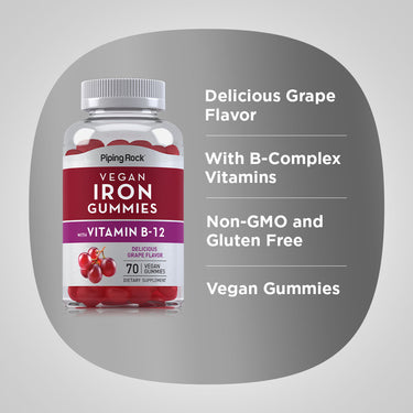 Product highlights graphic stating Delicious Grape Flavor, With B-Complex Vitamins, Non-GMO and Gluten Free, Vegan Gummies