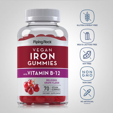 Iron Gummies bottle with icons indicating gluten, wheat, milk, lactose, soy free, NON GMO, no artificial sweeteners.