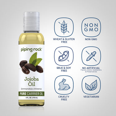 Jojoba Oil bottle with icons indicating: Wheat & Gluten Free, Non GMO, Milk & Soy Free, No Artificial Flavors/Colors/Preservatives.