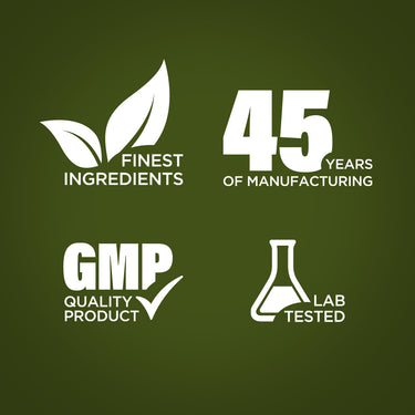 Infographic highlighting finest ingredients, 45 years of manufacturing, GMP quality, and lab-tested products.
