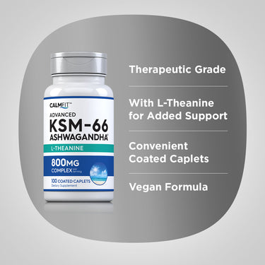 Product highlights graphic stating Therapeutic Grade, With L-Theanine for Added Support, Convenient Coated Caplets, Vegan Formula.