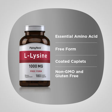 Product highlights graphic stating Essential Amino Acid, Free Form, Coated Caplets, Non-GMO and Gluten Free.