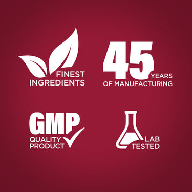 Infographic detailing the finest ingredients, 45 years of manufacturing, GMP quality product, and lab tested assurance.