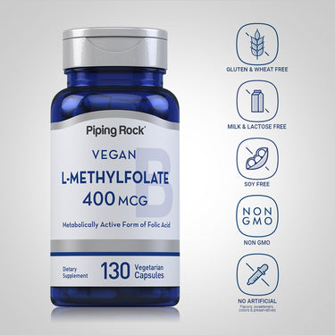 L-Methylfolate bottle with icons indicating Gluten-Free, Wheat-Free, Milk-Free, Lactose-Free, Soy-Free, NON-GMO, No Artificial Additives.