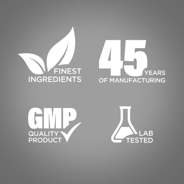 Infographic highlighting finest ingredients, 45 years of manufacturing, GMP quality, and lab-tested assurance.