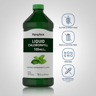 Liquid Chlorophyll bottle with icons indicating gluten and wheat free, milk and lactose free, non-GMO, no artificial flavors or colors.
