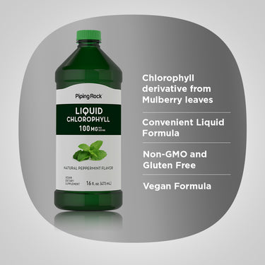 Product highlights graphic stating Chlorophyll derivative from Mulberry leaves, Convenient Liquid Formula, Non-GMO, Gluten Free, Vegan.