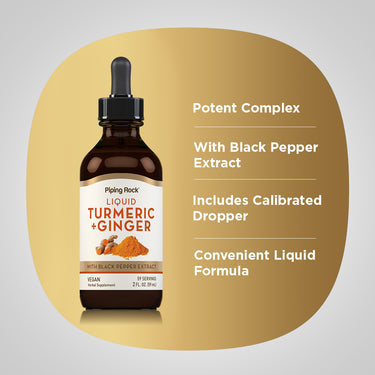 Product highlights graphic stating Potent Complex, includes Black Pepper Extract, Calibrated Dropper, Convenient Liquid Formula.