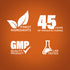 Infographic showing finest ingredients, 45 years of manufacturing, GMP quality product, and lab tested assurance.