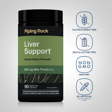 Liver Support bottle with icons indicating Gluten & Wheat Free, Milk & Lactose Free, Non-GMO, No Artificial Flavors, Sweeteners, or Colors.