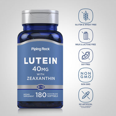Lutein bottle with icons indicating gluten & wheat free, milk & lactose free, soy free, non-GMO, no artificial flavors/sweeteners/preservatives.