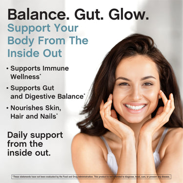Young adult woman smiling cheerfully, showcasing a healthy glow from Colostrum & Collagen Powder.