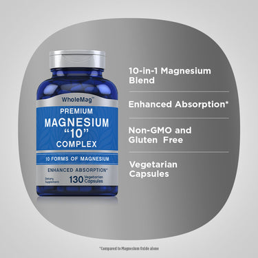Product highlights graphic stating 10-in-1 Magnesium Blend, Enhanced Absorption*, Non-GMO and Gluten Free, Vegetarian Capsules.