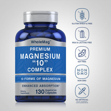 Magnesium Complex bottle with icons indicating gluten, wheat, milk, lactose, soy free; non-GMO; no artificial flavors, sweeteners, colors, preservatives.