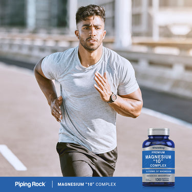 A young man runs outdoors next to a Magnesium '10' Complex bottle, highlighting an active lifestyle and health supplement.