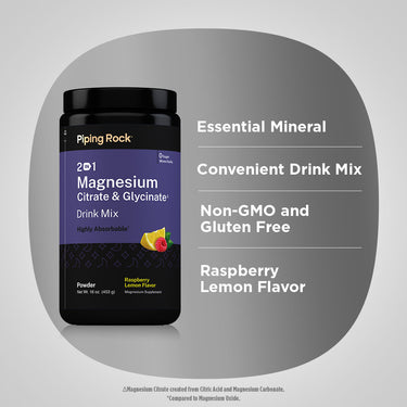 Product highlights graphic stating Essential Mineral, Convenient Drink Mix, Non-GMO, Gluten Free, Raspberry Lemon Flavor.