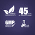 Infographic highlighting finest ingredients, 45 years of manufacturing, GMP quality product, and lab tested assurance.