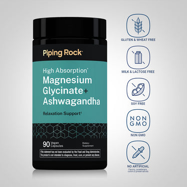 Ashwagandha + Mag Glycina bottle with icons indicating Gluten-Free, Milk-Free, Soy-Free, Non-GMO, No Artificial Additives.